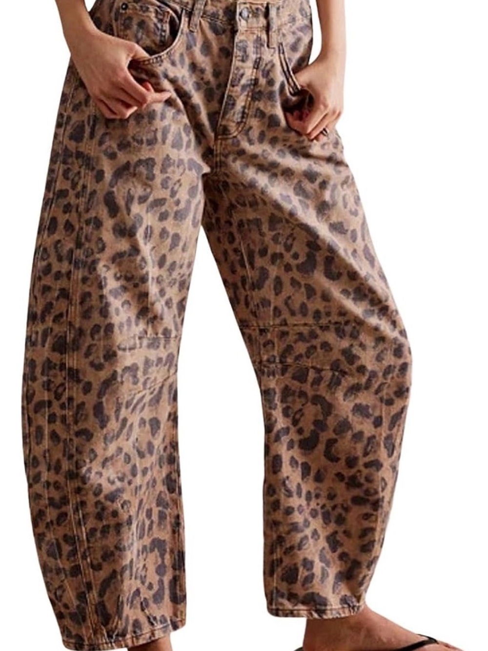 Leopard Print Barrel Leg Jeans - Brown & Black